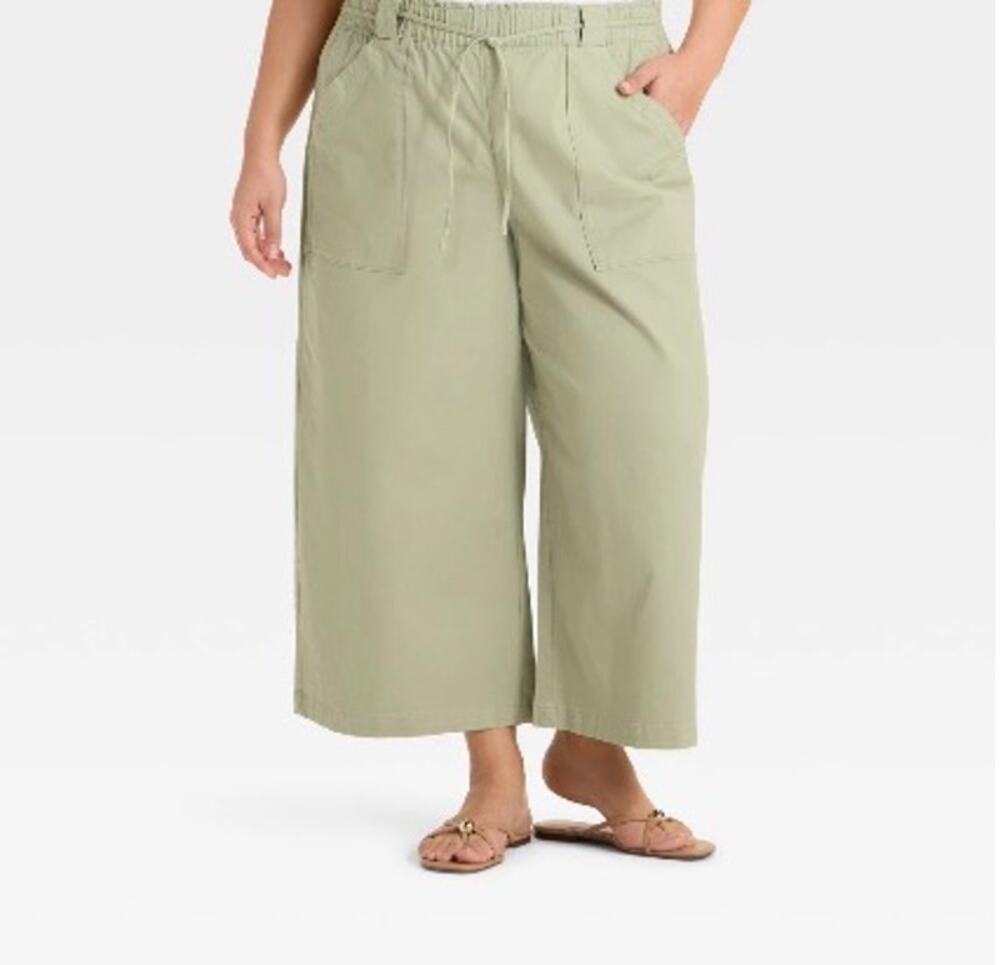 NWT Ladies Plus Ava & Viv Olive Green Wide Leg Cropped Drawstring Pants - 4X